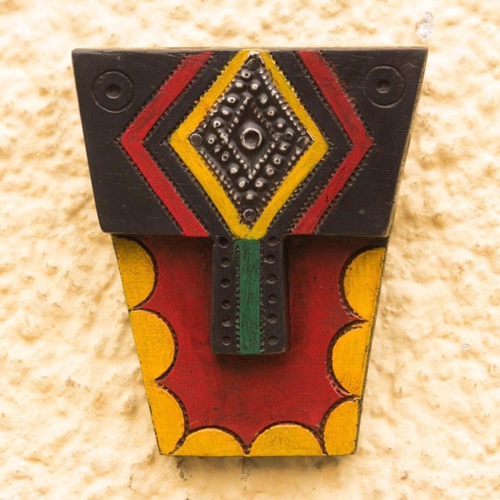 Geometric African Wood and Aluminum Mask from Ghana 'Geometric Personage'
