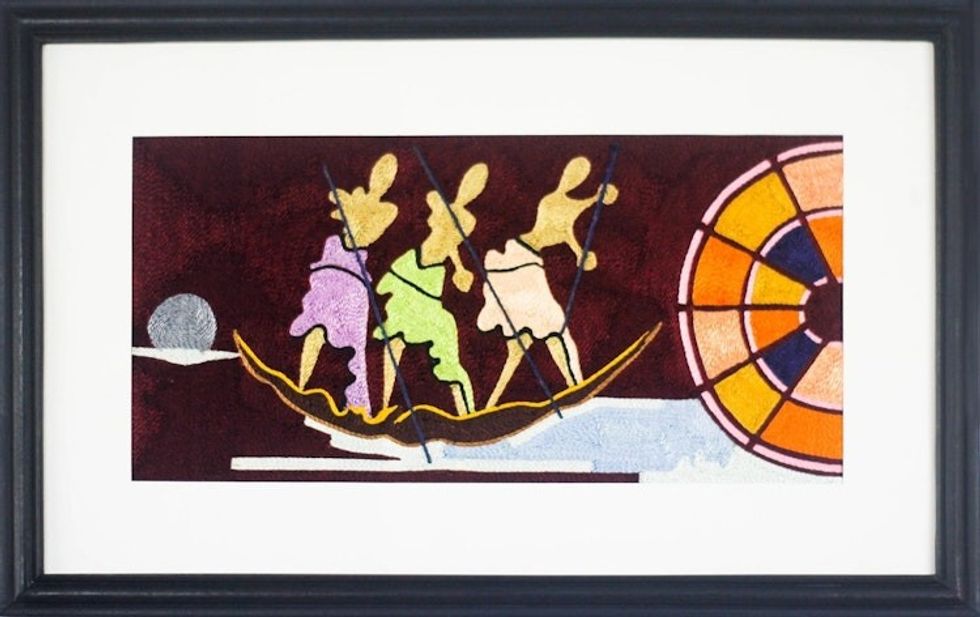 Handmade Oceanic Cotton Wall Art from Ghana 'Seamen at Night'