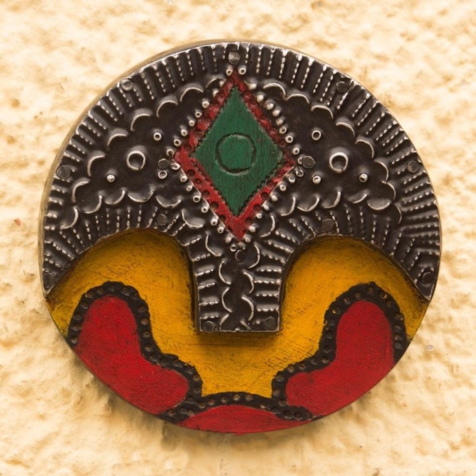 Round African Wood and Aluminum Mask from Ghana 'Round Face'