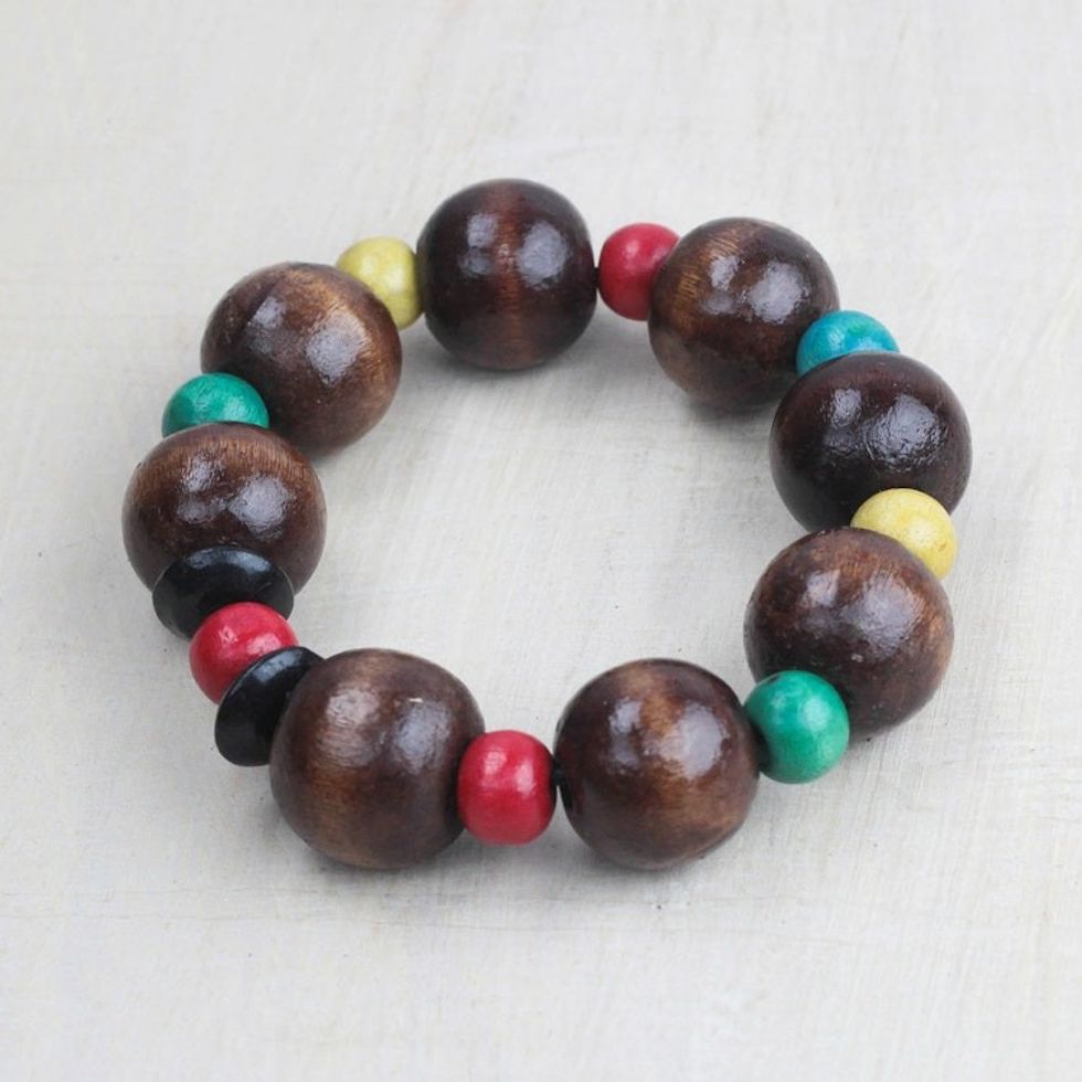Brown and Multi-Color Wood Bead Stretch Bracelet from Ghana 'Joyful Together'