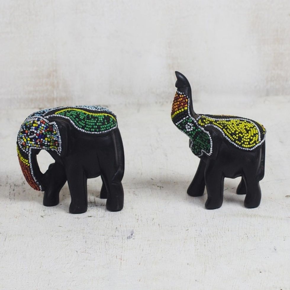 Recycled Glass Beaded Wood Elephant Figurines Pair 'Eco Elephants'