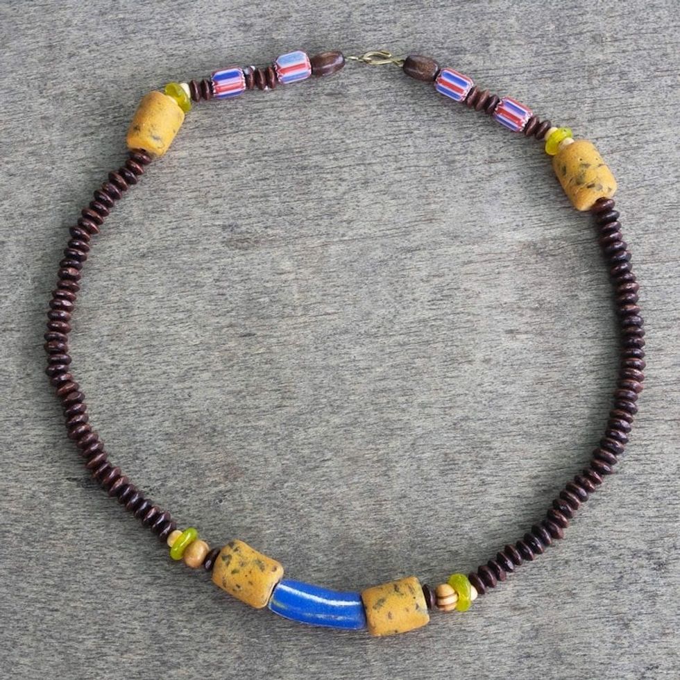 Sese Wood and Recycled Glass Bead Unisex Necklace 'Faithfully'