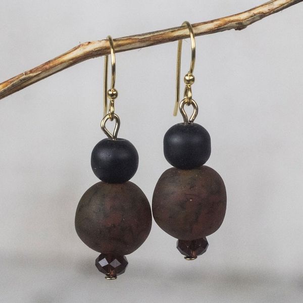 Alternate image for Brown-Black Recycled Glass and Plastic Bead Dangle Earrings Renewed Strength