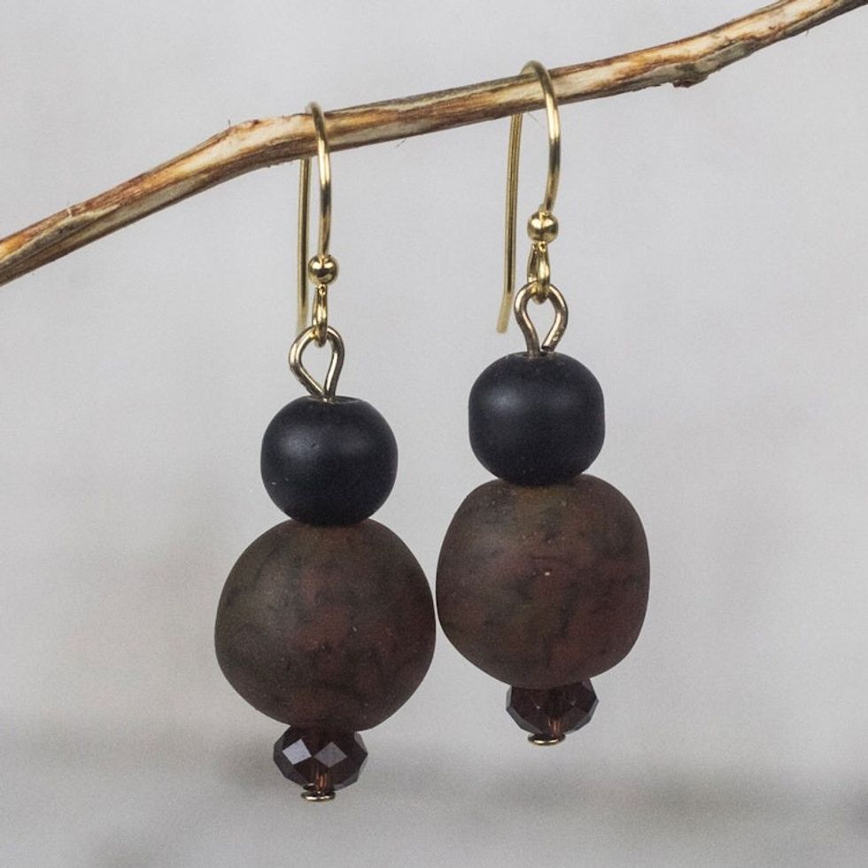 Brown-Black Recycled Glass and Plastic Bead Dangle Earrings 'Renewed Strength'