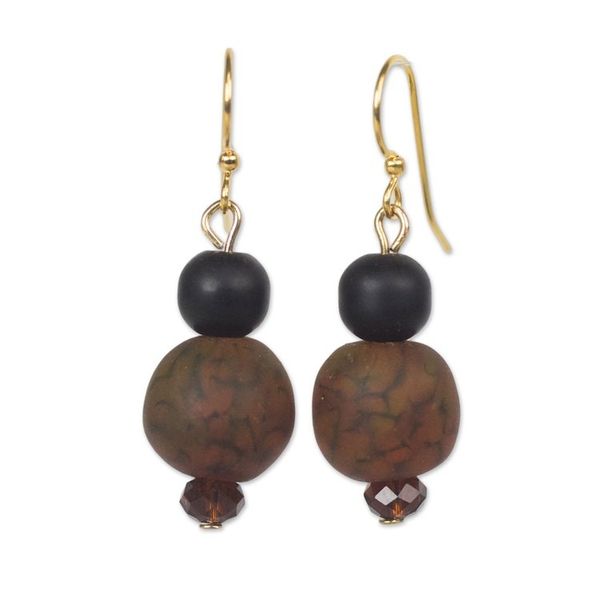 Alternate image for Brown-Black Recycled Glass and Plastic Bead Dangle Earrings Renewed Strength