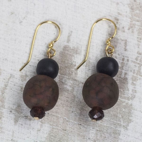 Alternate image for Brown-Black Recycled Glass and Plastic Bead Dangle Earrings Renewed Strength