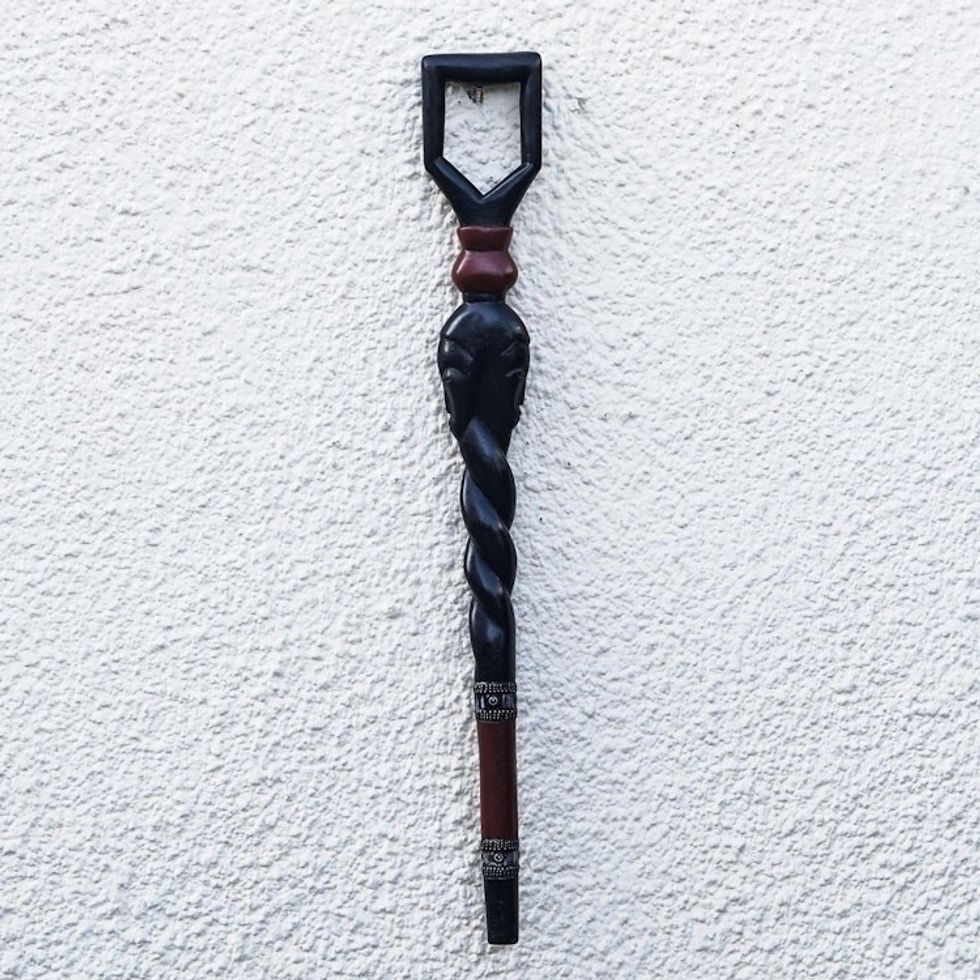 Hand-Carved Sese Wood Walking Stick from Ghana 'Face Twist'