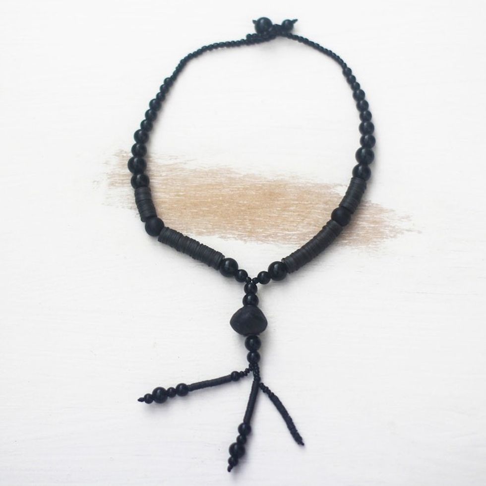 Ghanaian Black Recycled Plastic Bead Y-Necklace 'Tutum Yefe'