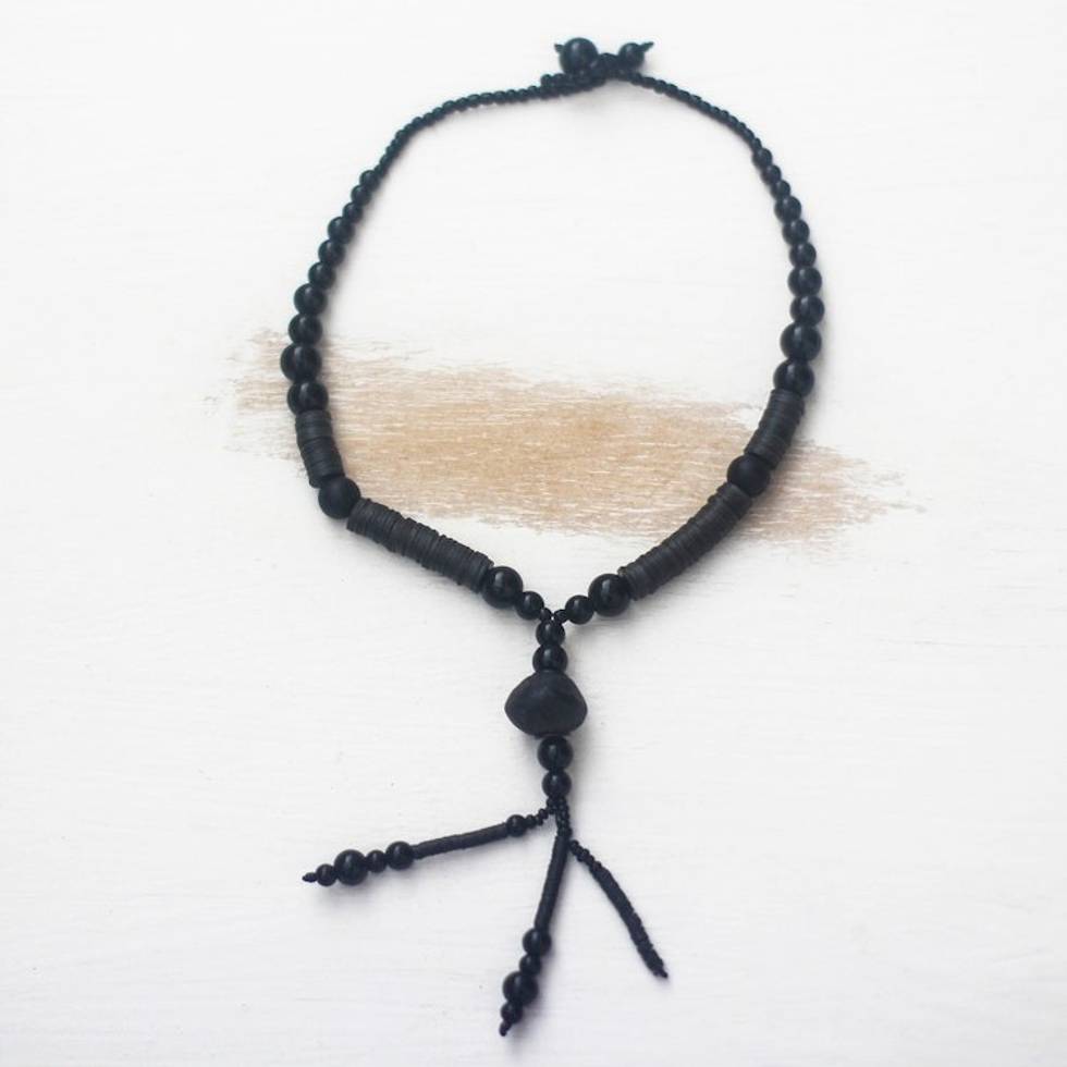 Ghanaian Black Recycled Plastic Bead Y-Necklace 'Tutum Yefe'