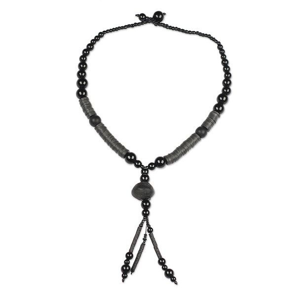 Alternate image for Ghanaian Black Recycled Plastic Bead Y-Necklace Tutum Yefe