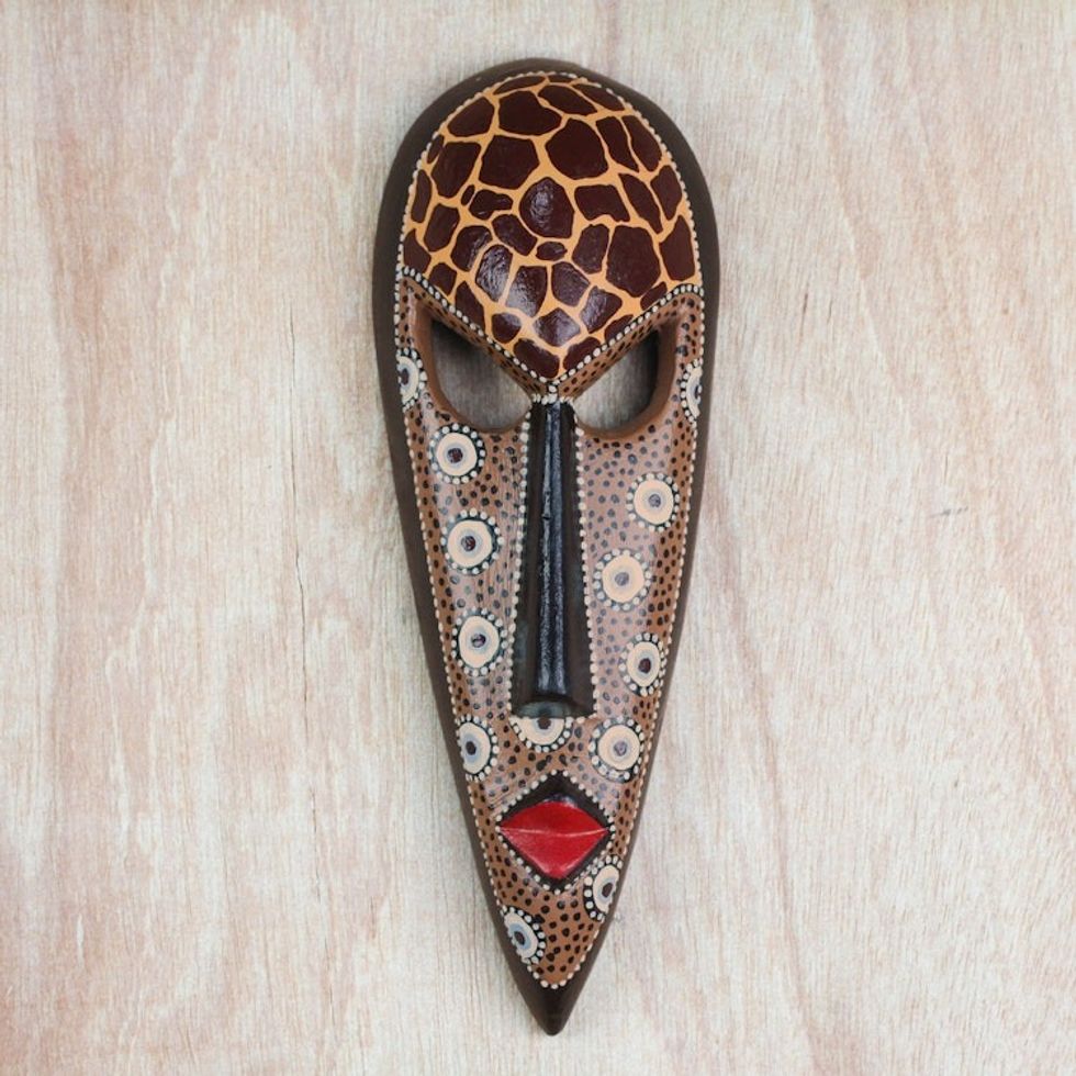 African Wood Mask in Brown from Ghana 'Giraffe Face'