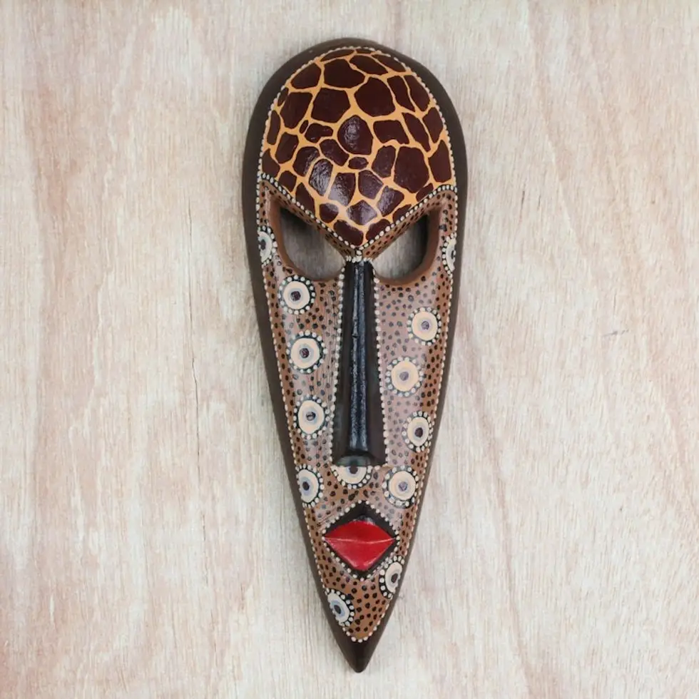 African Wood Mask in Brown from Ghana 'Giraffe Face'