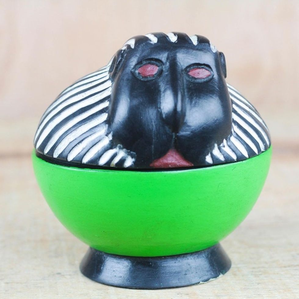 Handcrafted Sese Wood Monkey Decorative Jar from Ghana 'Monkey Keeper'
