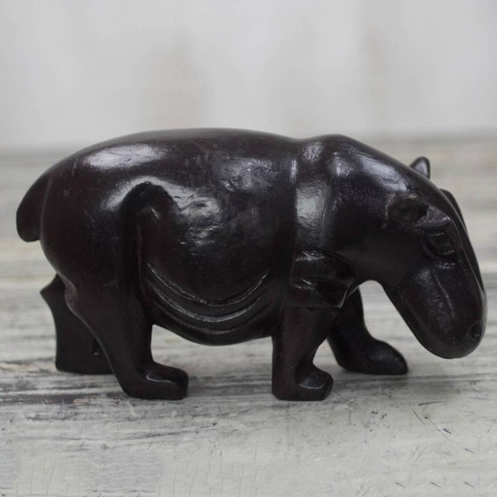 Hand-Carved Sese Wood Hippo Sculpture from Ghana 'Dark Hippo'