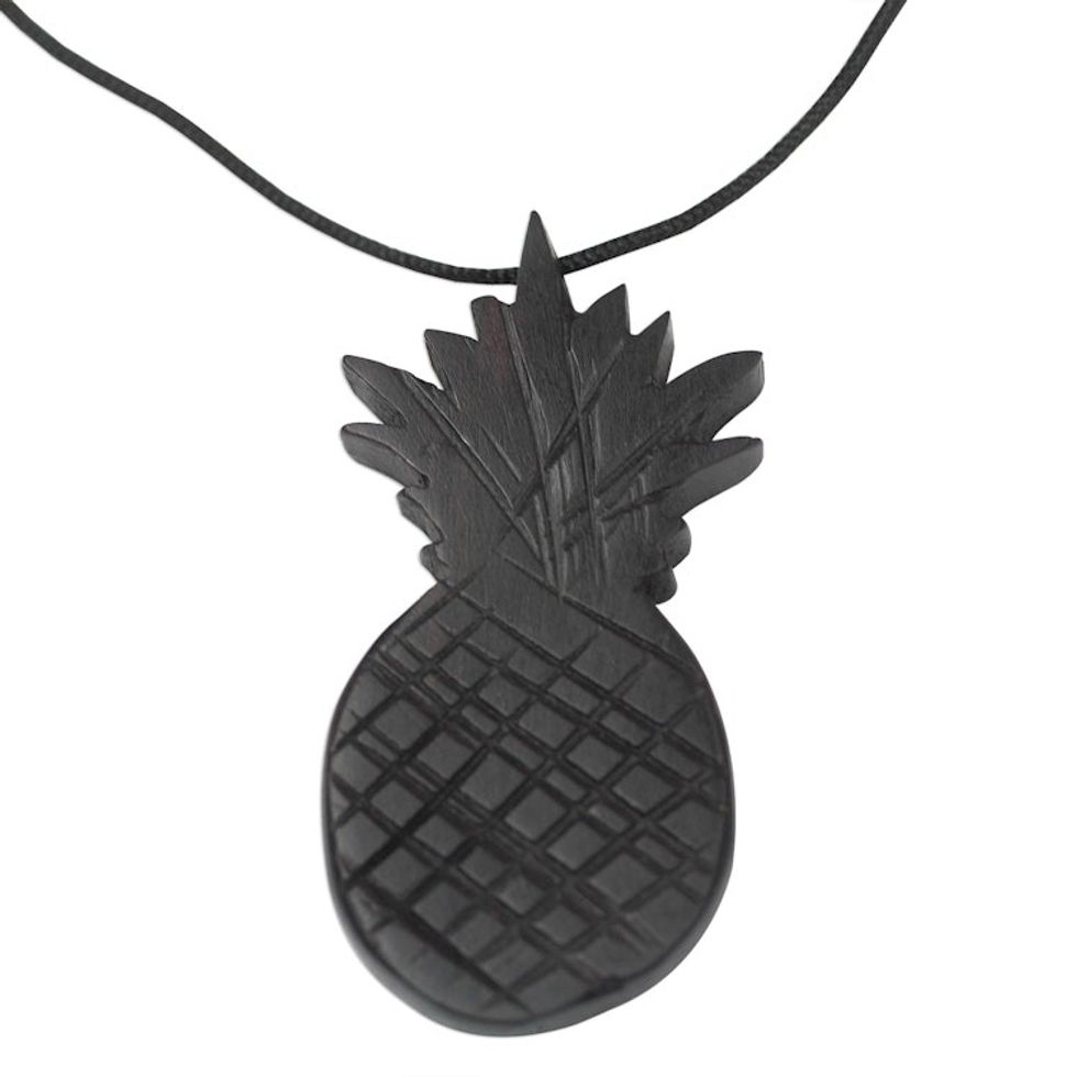 Ebony Wood Pineapple Pendant Necklace from Ghana 'Elegant Pineapple'