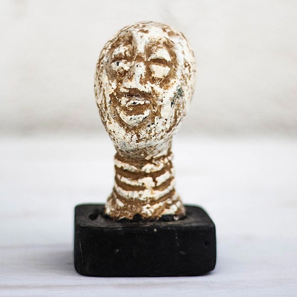 Handcrafted Beige Ceramic Head Sculpture from Ghana 'Jolly Head'