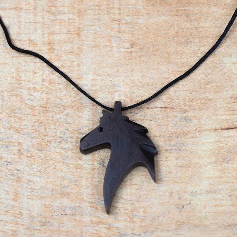 Ebony Wood Horse Pendant Necklace from Ghana 'Horse Profile'