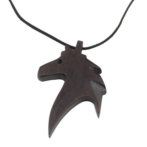 Alternate image for Ebony Wood Horse Pendant Necklace from Ghana Horse Profile