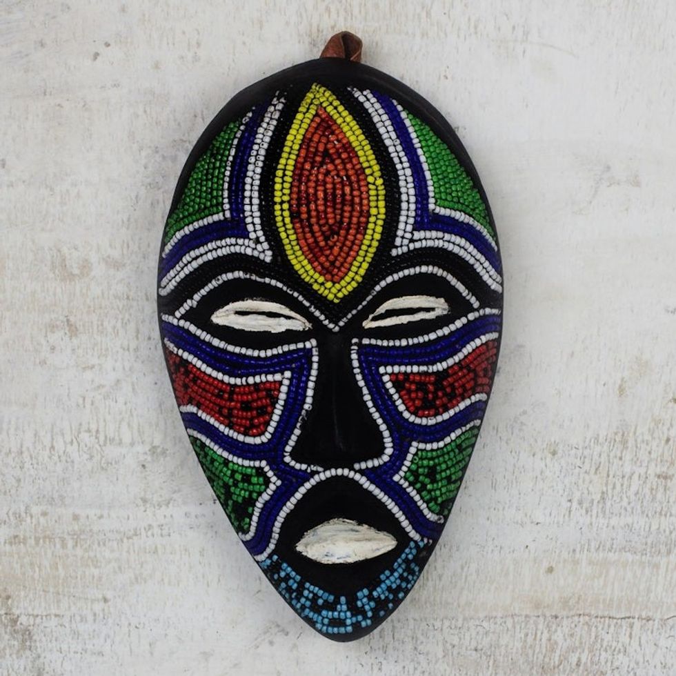Recycled Glass Beaded African Wood Mask from Ghana 'Face of Colors'