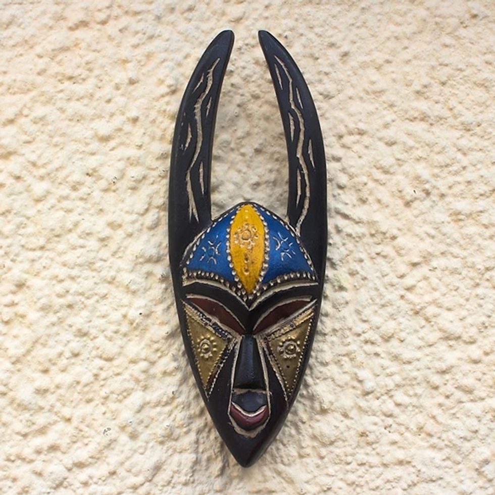 Embossed Brass and Wood African Mask 'Sanufu Horns'