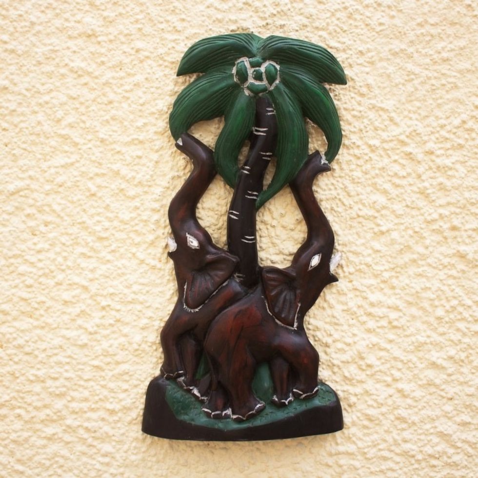 Hand Carved and Painted Elephant Wall Accent 'Elephant Couple'