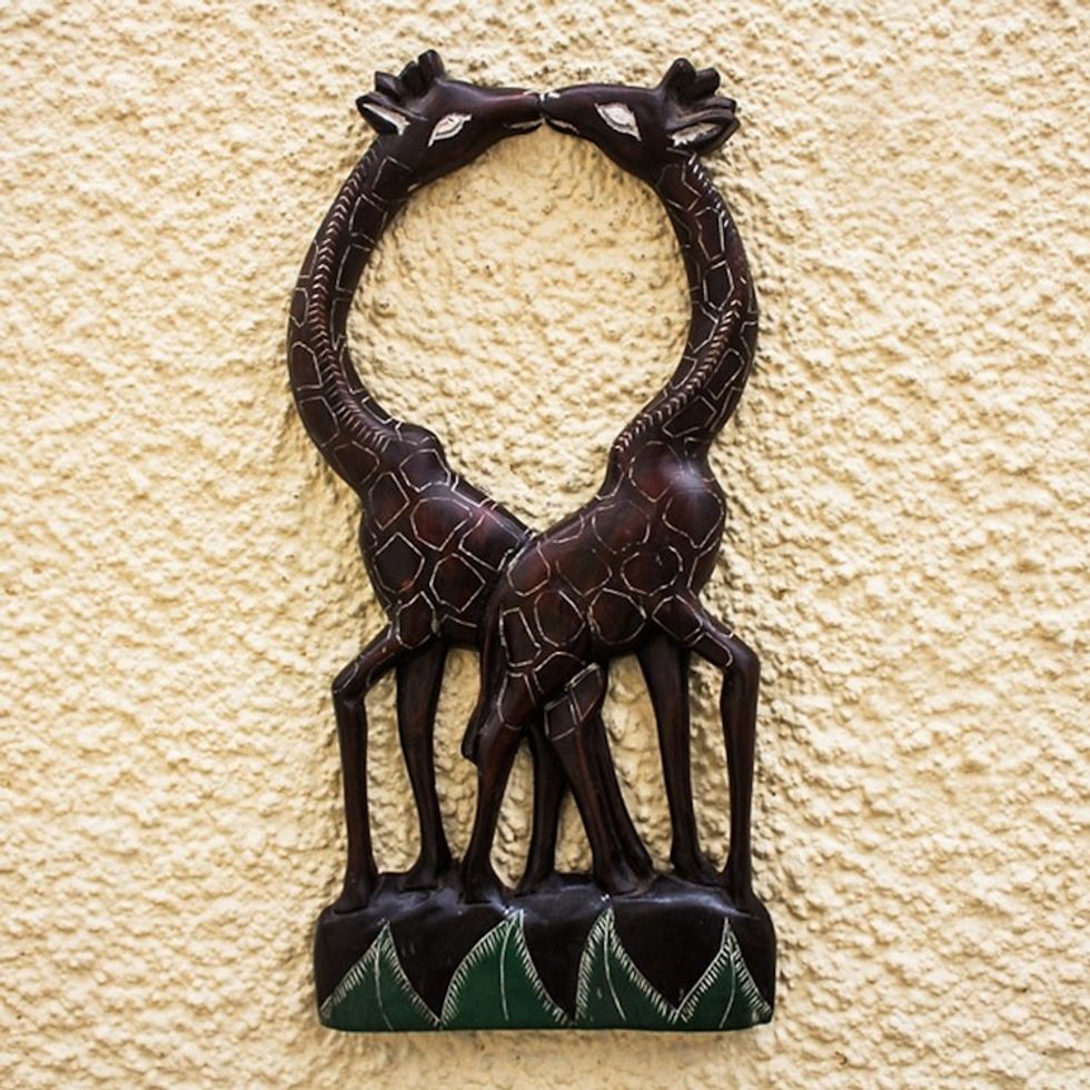 Hand Carved Giraffe Romance Wall Accent 'Giraffe Love'