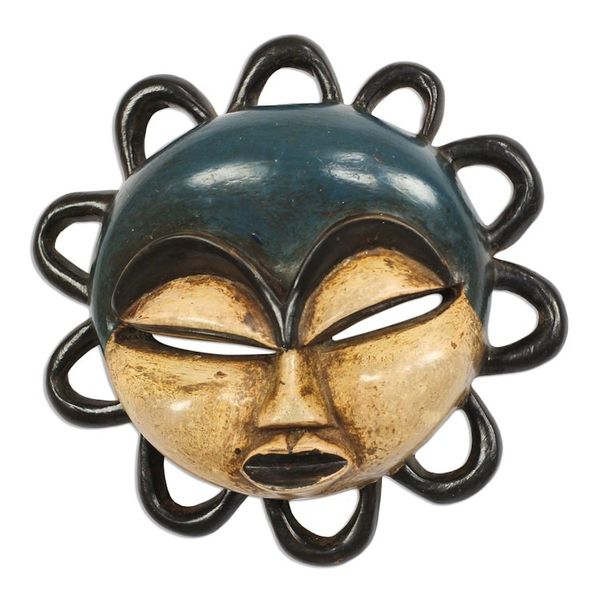 Alternate image for Blue and Beige African Wood Mask from Ghana Fafali Face