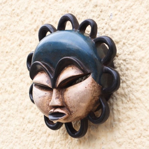 Alternate image for Blue and Beige African Wood Mask from Ghana Fafali Face