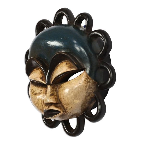 Alternate image for Blue and Beige African Wood Mask from Ghana Fafali Face