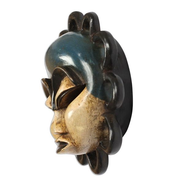 Alternate image for Blue and Beige African Wood Mask from Ghana Fafali Face