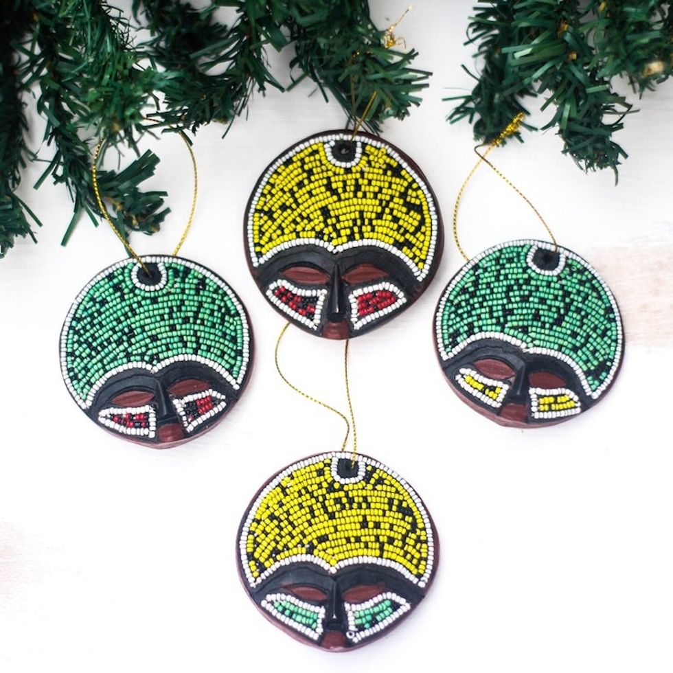 Recycled Plastic Beaded Wood Ornaments from Ghana Set of 4 'Ashanti Faces'