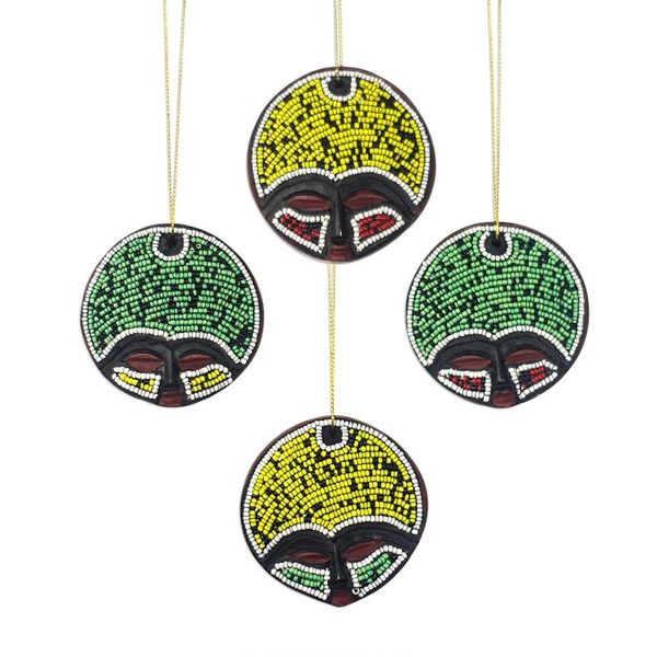 Alternate image for Recycled Plastic Beaded Wood Ornaments from Ghana Set of 4 Ashanti Faces