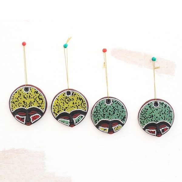 Alternate image for Recycled Plastic Beaded Wood Ornaments from Ghana Set of 4 Ashanti Faces