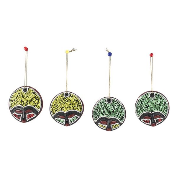 Alternate image for Recycled Plastic Beaded Wood Ornaments from Ghana Set of 4 Ashanti Faces