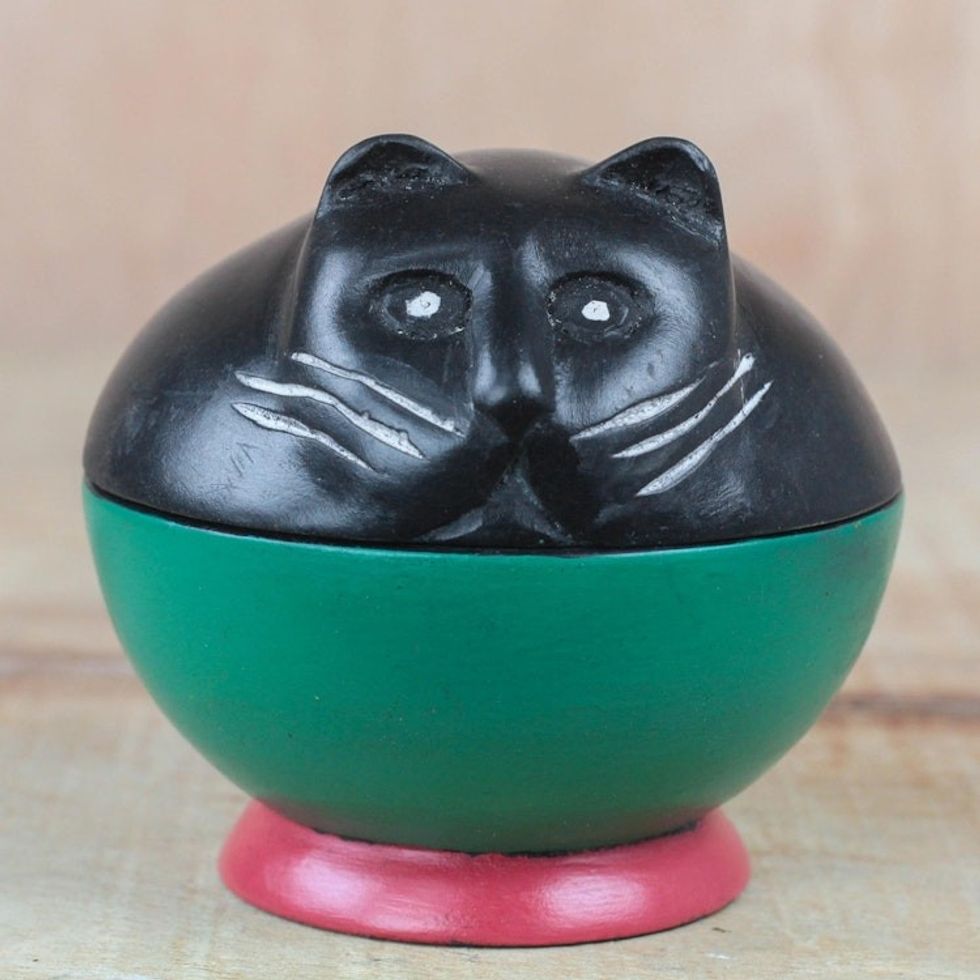 Black and Green Cat Wood Decorative Jar from Ghana 'Playful Kitten'