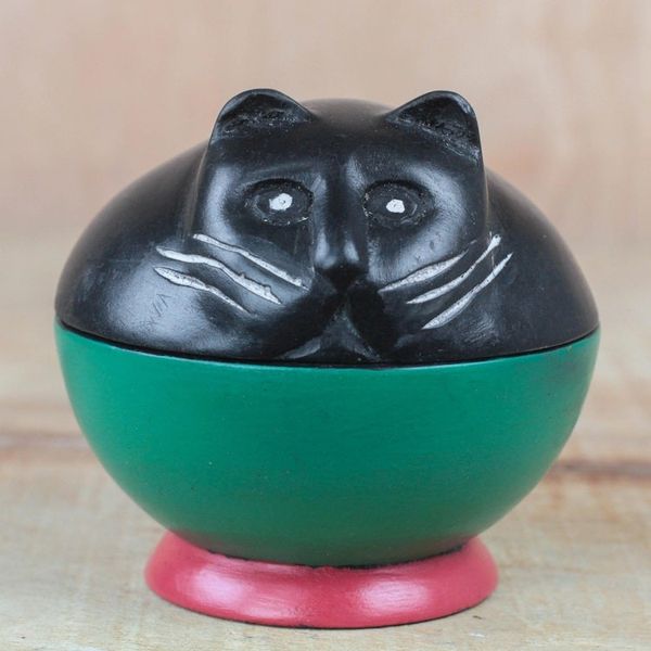 Alternate image for Black and Green Cat Wood Decorative Jar from Ghana Playful Kitten