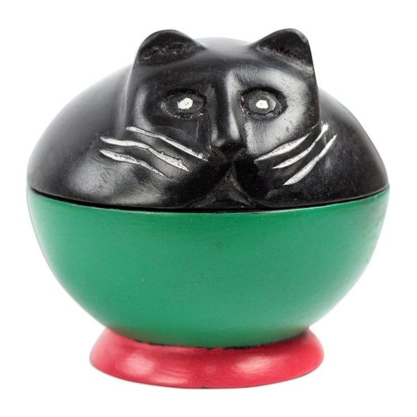 Alternate image for Black and Green Cat Wood Decorative Jar from Ghana Playful Kitten