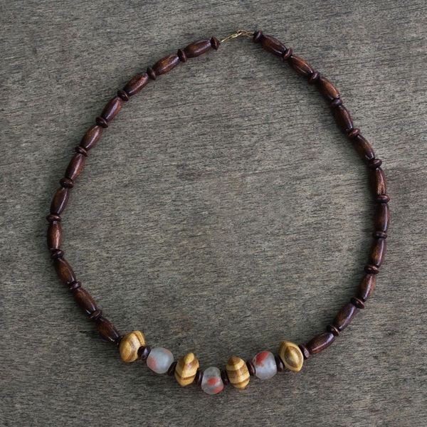 Alternate image for Unisex Sese Wood and Recycled Glass Bead Necklace Woodlands