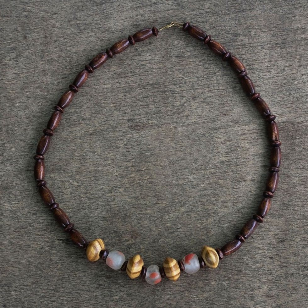 Unisex Sese Wood and Recycled Glass Bead Necklace 'Woodlands'