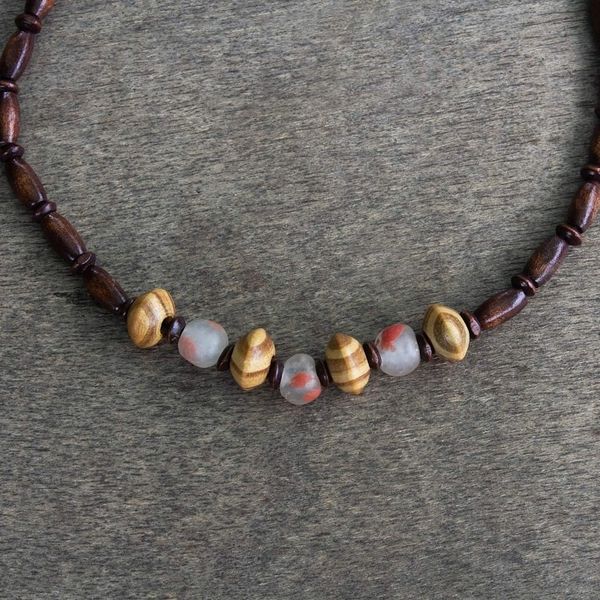 Alternate image for Unisex Sese Wood and Recycled Glass Bead Necklace Woodlands