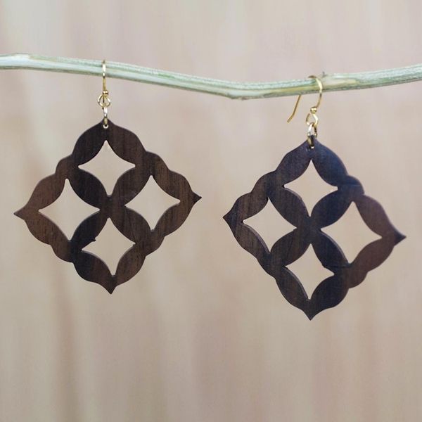 Alternate image for Square Motif Ebony Wood Dangle Earrings from Ghana Eban Diamonds