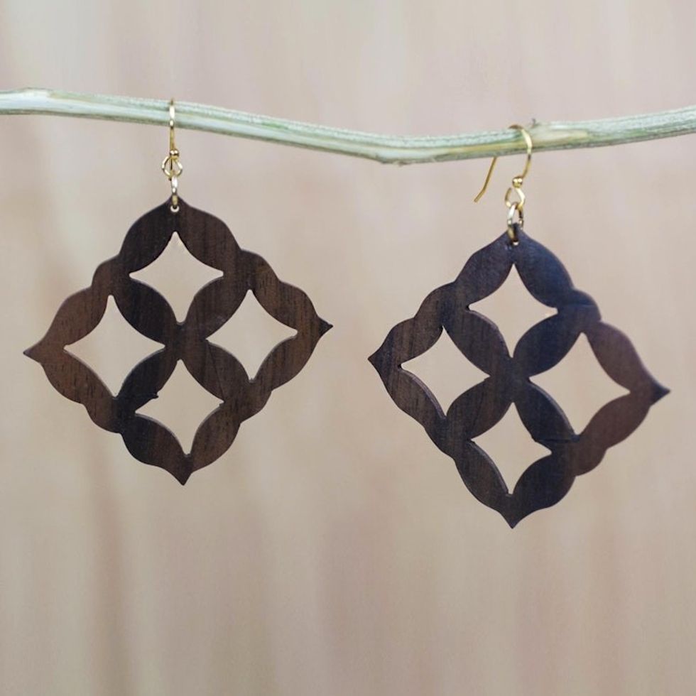 Square Motif Ebony Wood Dangle Earrings from Ghana 'Eban Diamonds'