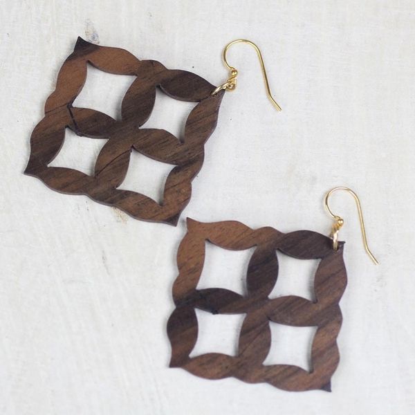 Alternate image for Square Motif Ebony Wood Dangle Earrings from Ghana Eban Diamonds