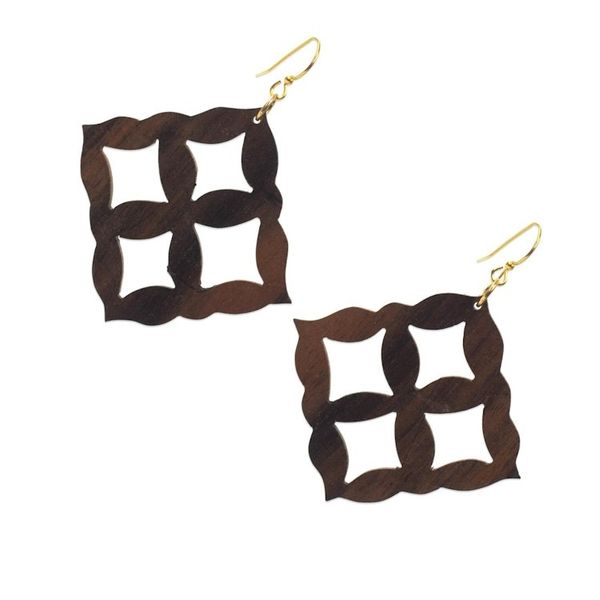 Alternate image for Square Motif Ebony Wood Dangle Earrings from Ghana Eban Diamonds