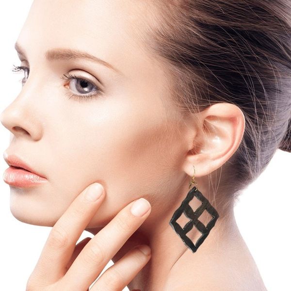 Alternate image for Square Motif Ebony Wood Dangle Earrings from Ghana Eban Diamonds