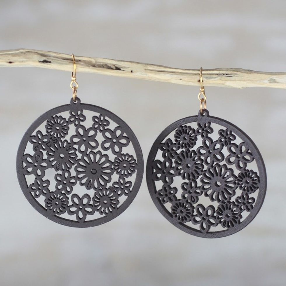 Handcrafted Ebony Wood Floral Motif Circle Dangle Earrings 'Ebony Bouquet'