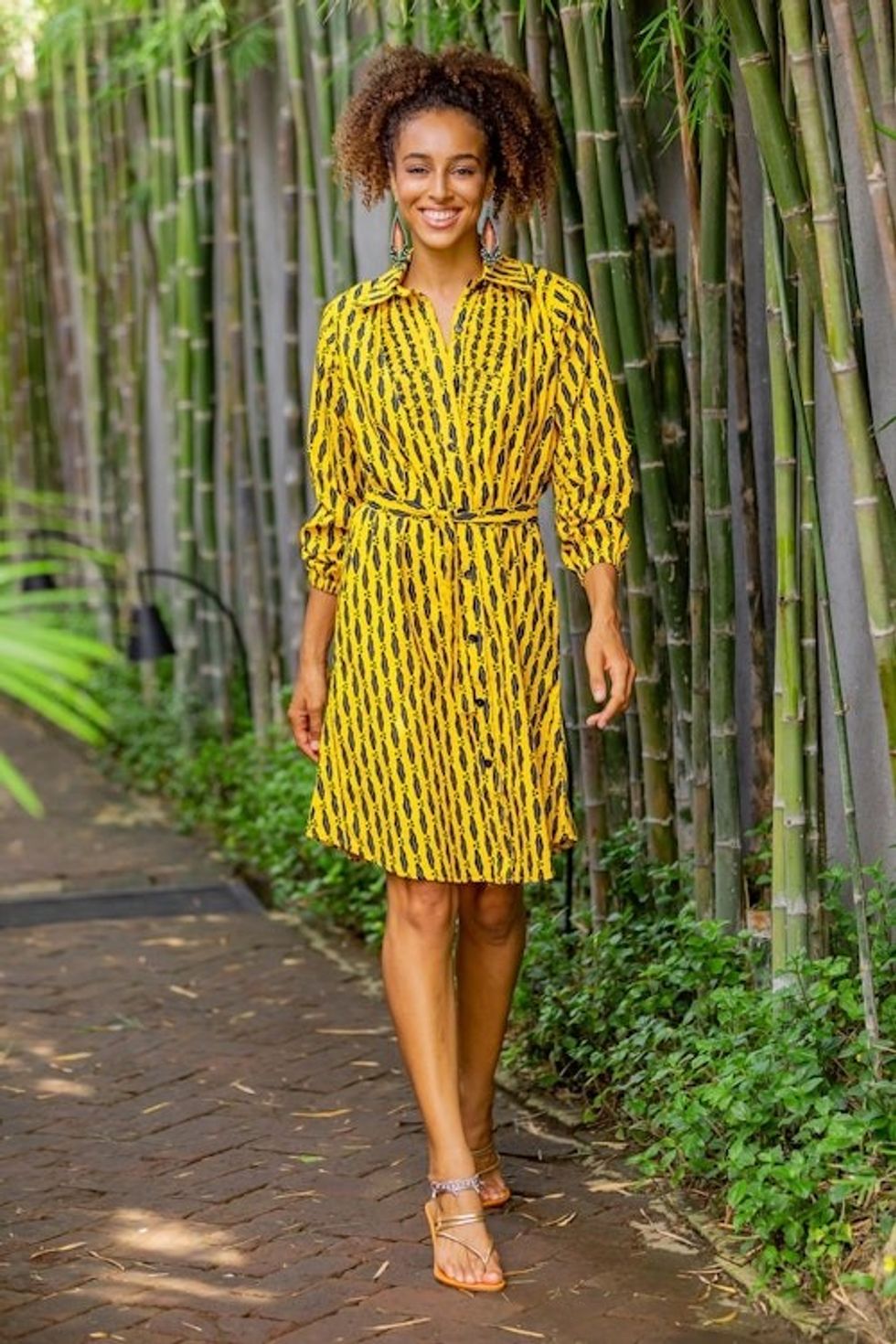 Printed Cotton Long Sleeve Shirtwaist Dress in Saffron 'Saffron Lady'