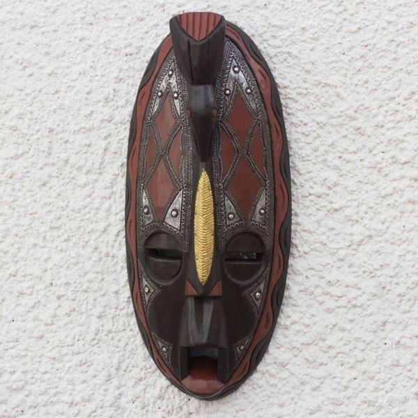 Alternate image for Brass and Aluminum Accented African Wood Mask from Ghana Majesty Gleam