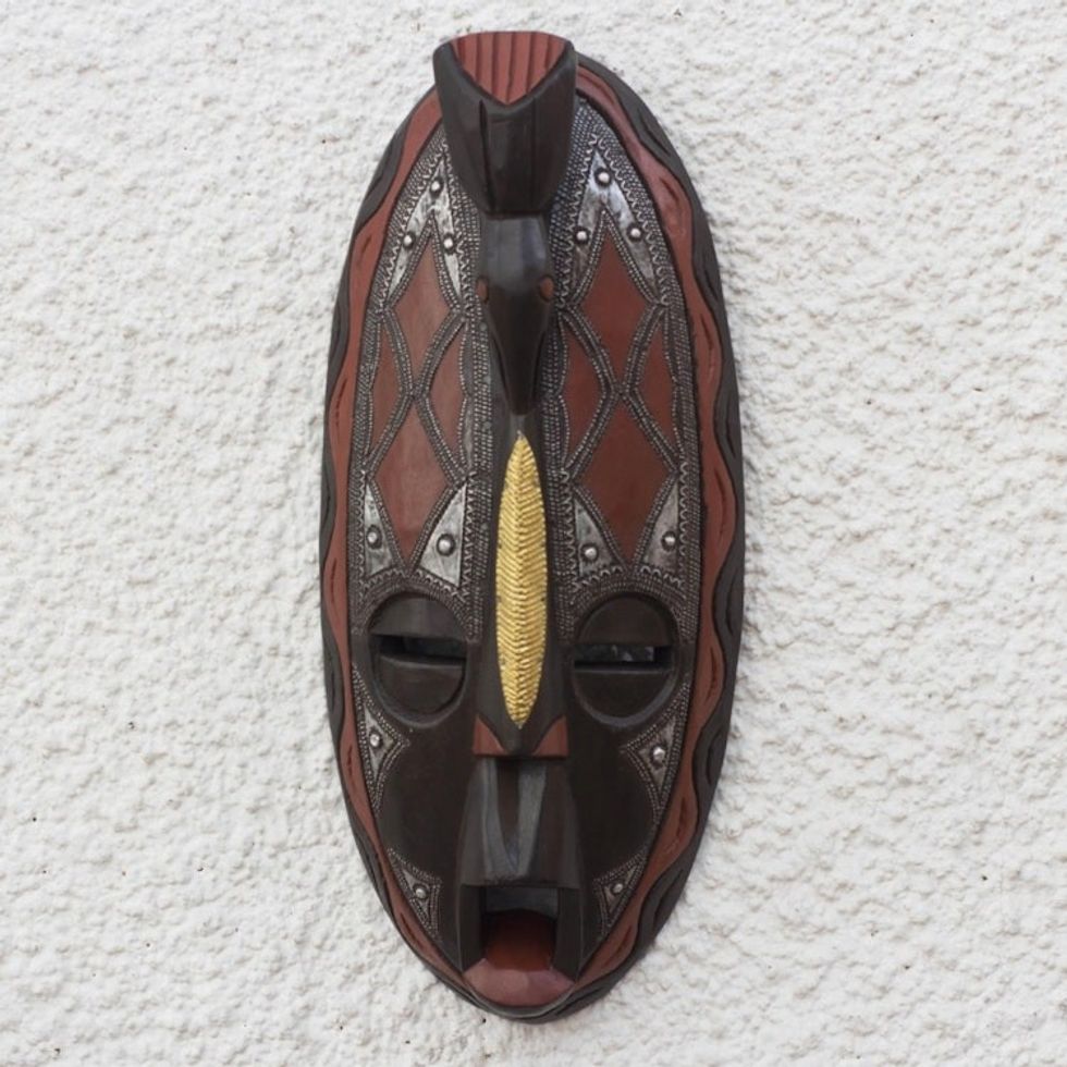 Brass and Aluminum Accented African Wood Mask from Ghana 'Majesty Gleam'