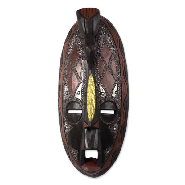 Alternate image for Brass and Aluminum Accented African Wood Mask from Ghana Majesty Gleam